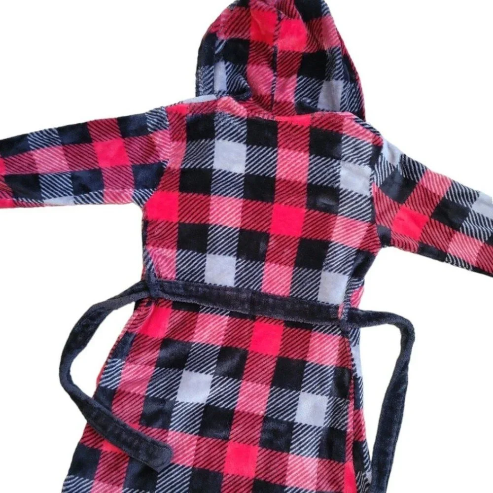 Boys M 8/10 Cuddl Duds Moose/Deer black/red Checkered Plaid Winter Hooded Robe